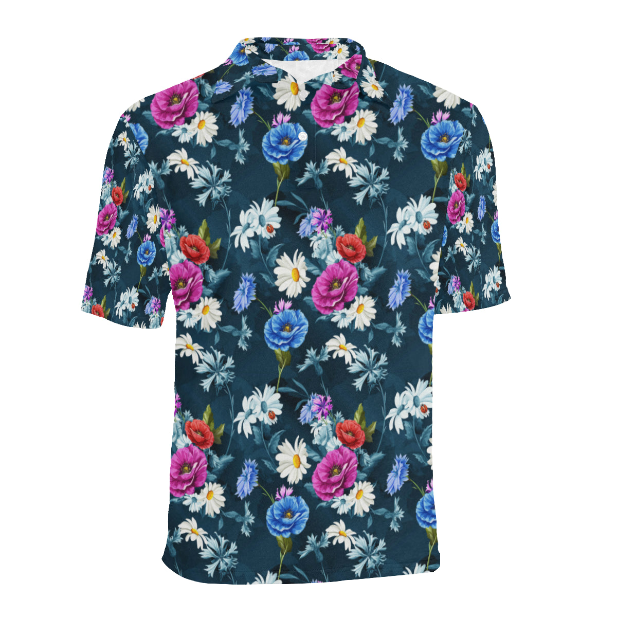 Floral Blue Themed Print Men Polo Shirt