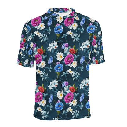 Floral Blue Themed Print Men Polo Shirt
