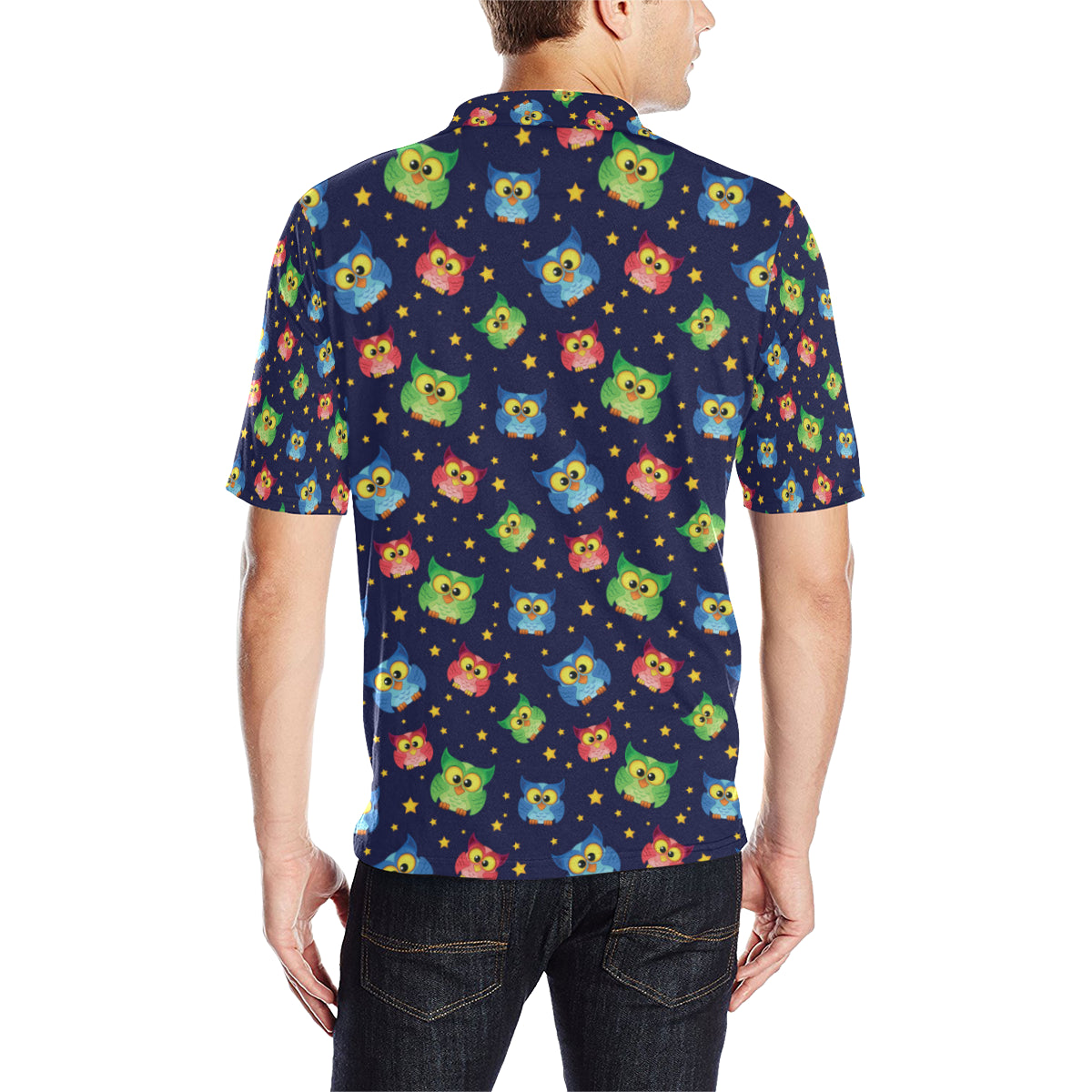 Owl with Star Themed Design Print Men Polo Shirt