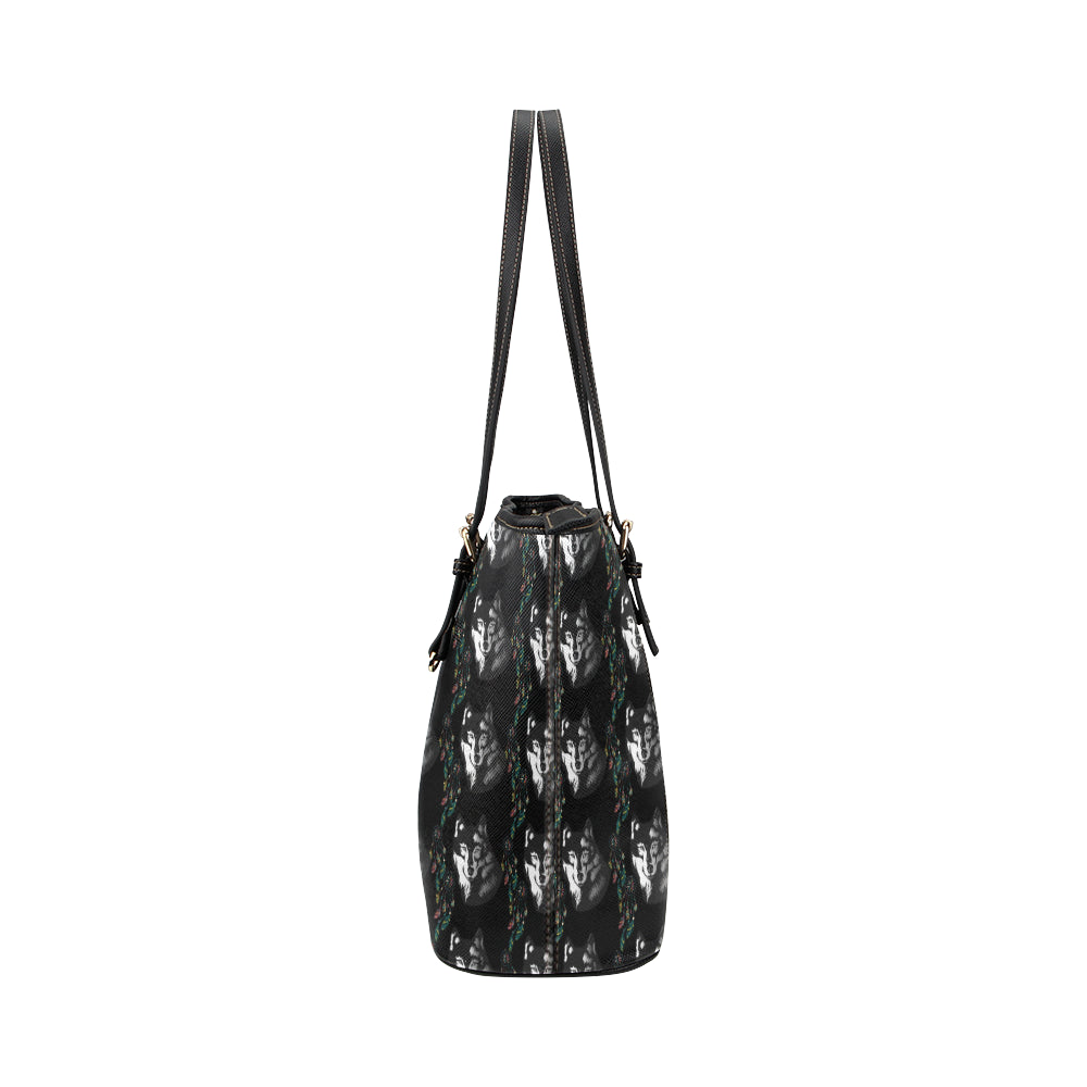 Wolf Black Dream Catcher Design Print Leather Tote Bag