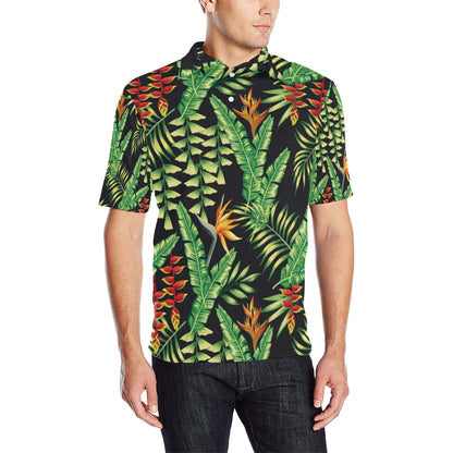 Hawaiian Flower Tropical Palm Leaves Men Polo Shirt