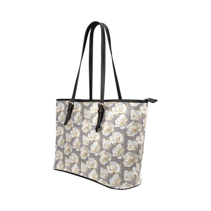 Elegant Grey Flower Print Leather Tote Bag
