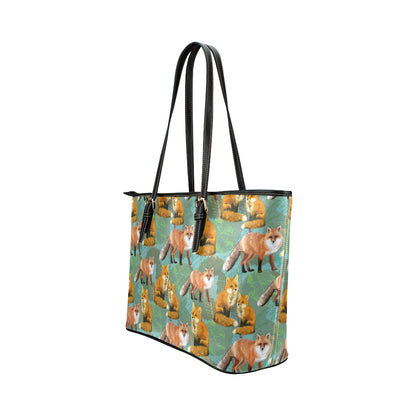 Fox Autumn leaves Themed Leather Tote Bag