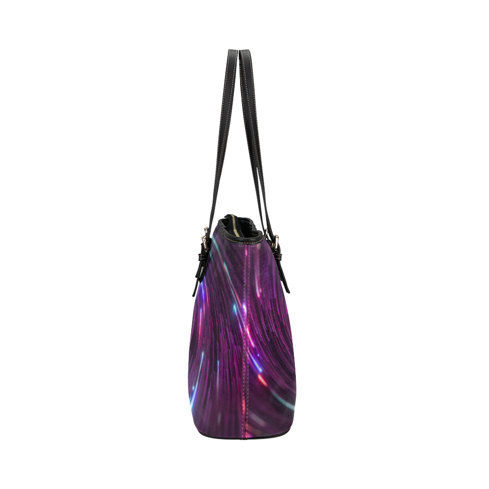 Vortex Twist Swirl Purple Neon Print Leather Tote Bag