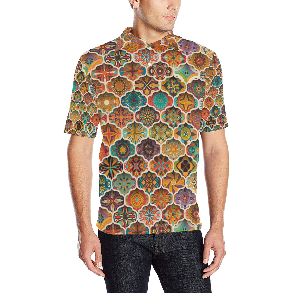 Mandala Mosaic Themed Design Print Men Polo Shirt