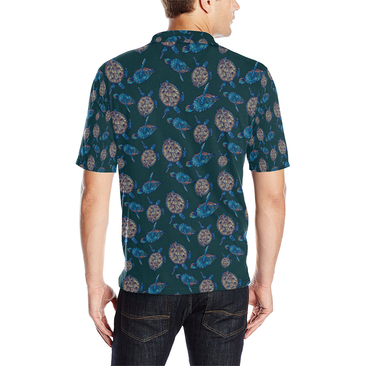 Sea Turtle Hand Drawn Blue Print Men Polo Shirt
