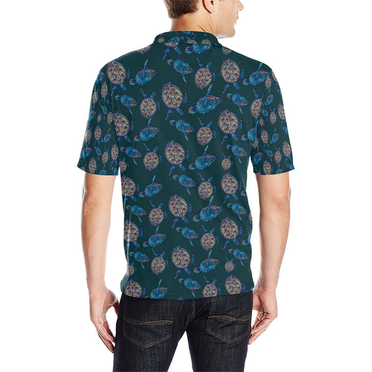 Sea Turtle Hand Drawn Blue Print Men Polo Shirt