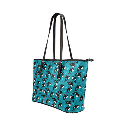 Whale Sea Design Themed Print Leather Tote Bag