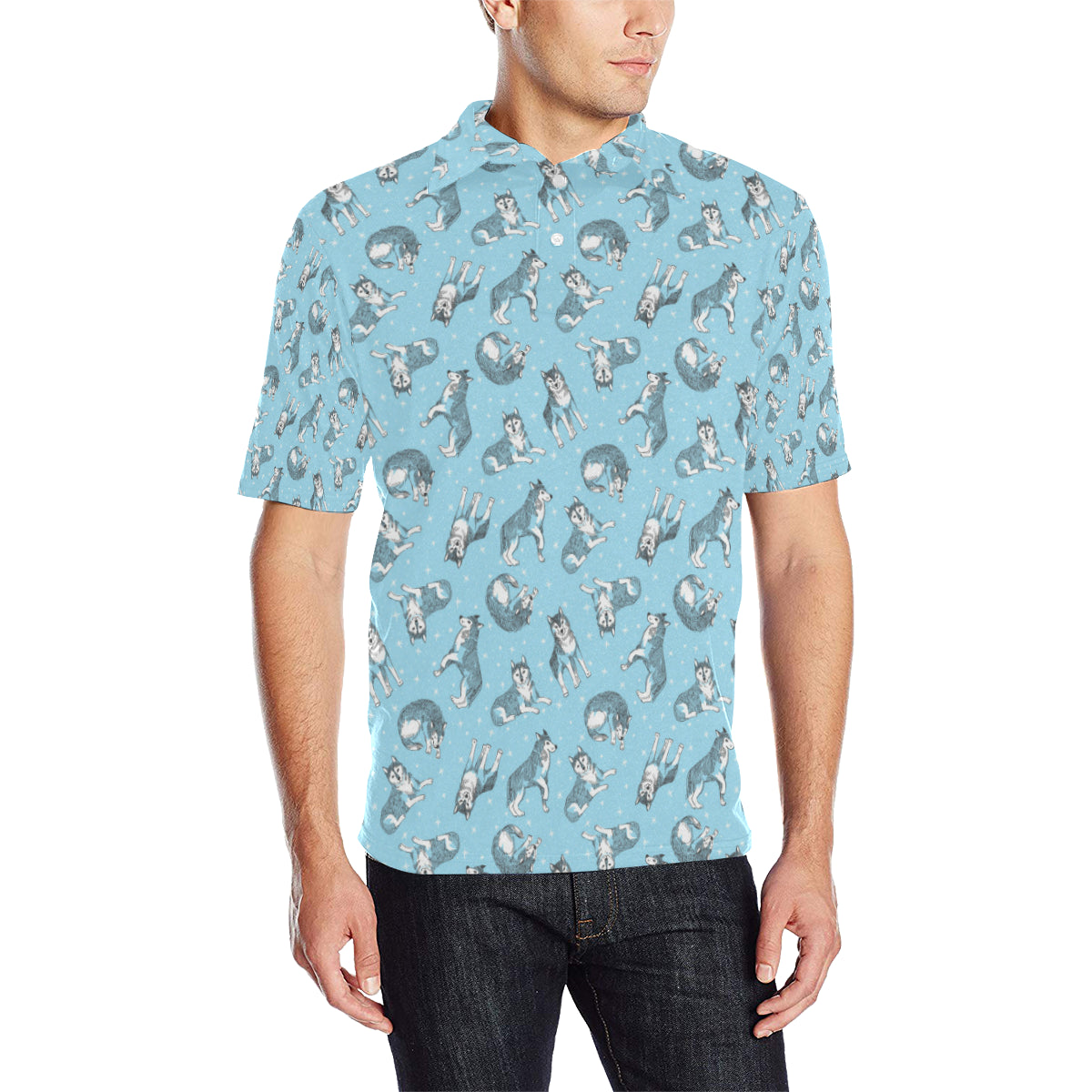 Wolf Design Print Pattern Men Polo Shirt