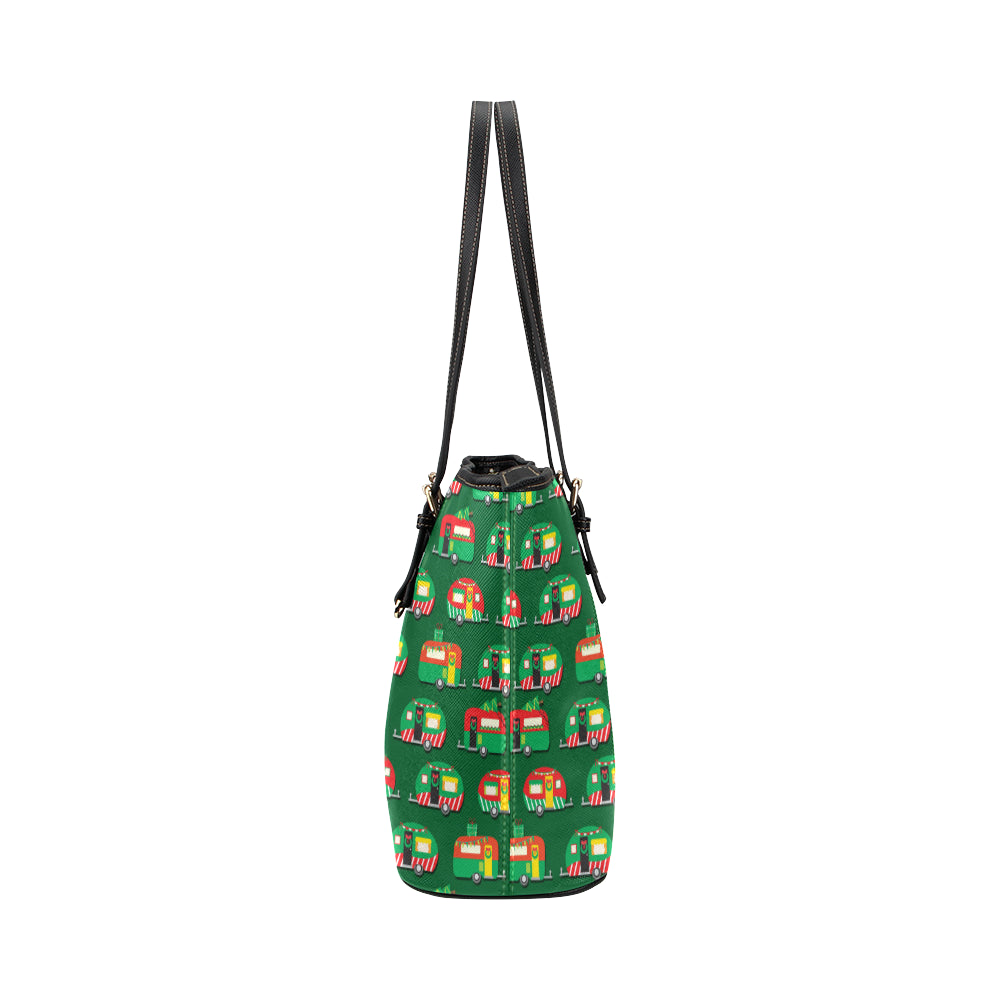 Camper Camping Christmas Themed Print Leather Tote Bag