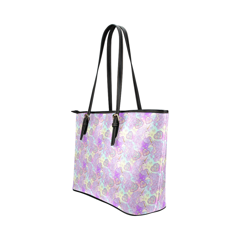 Unicorn Rainbow Star Heart Print Leather Tote Bag