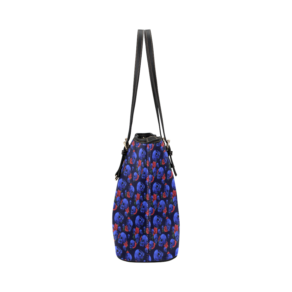 Skull Roses Neon Design Themed Print Leather Tote Bag