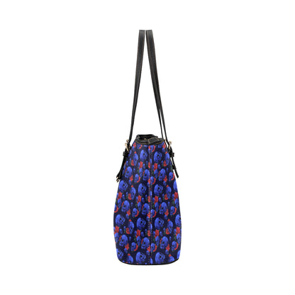 Skull Roses Neon Design Themed Print Leather Tote Bag
