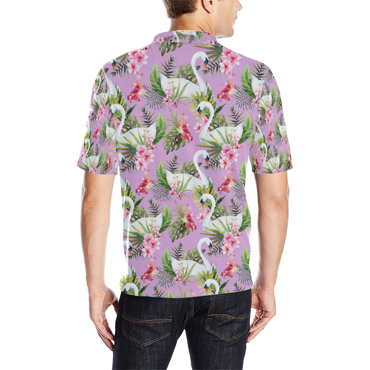 Swan with Flower Pattern Print Design 01 Men Polo Shirt