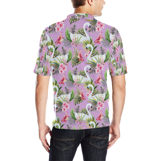 Swan with Flower Pattern Print Design 01 Men Polo Shirt