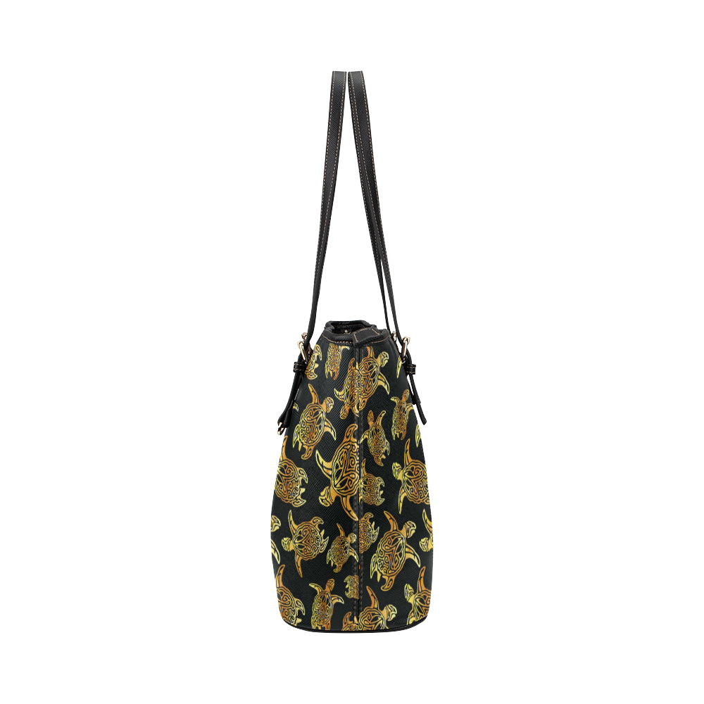 Gold Tribal Turtle Polynesian Themed Leather Tote Bag
