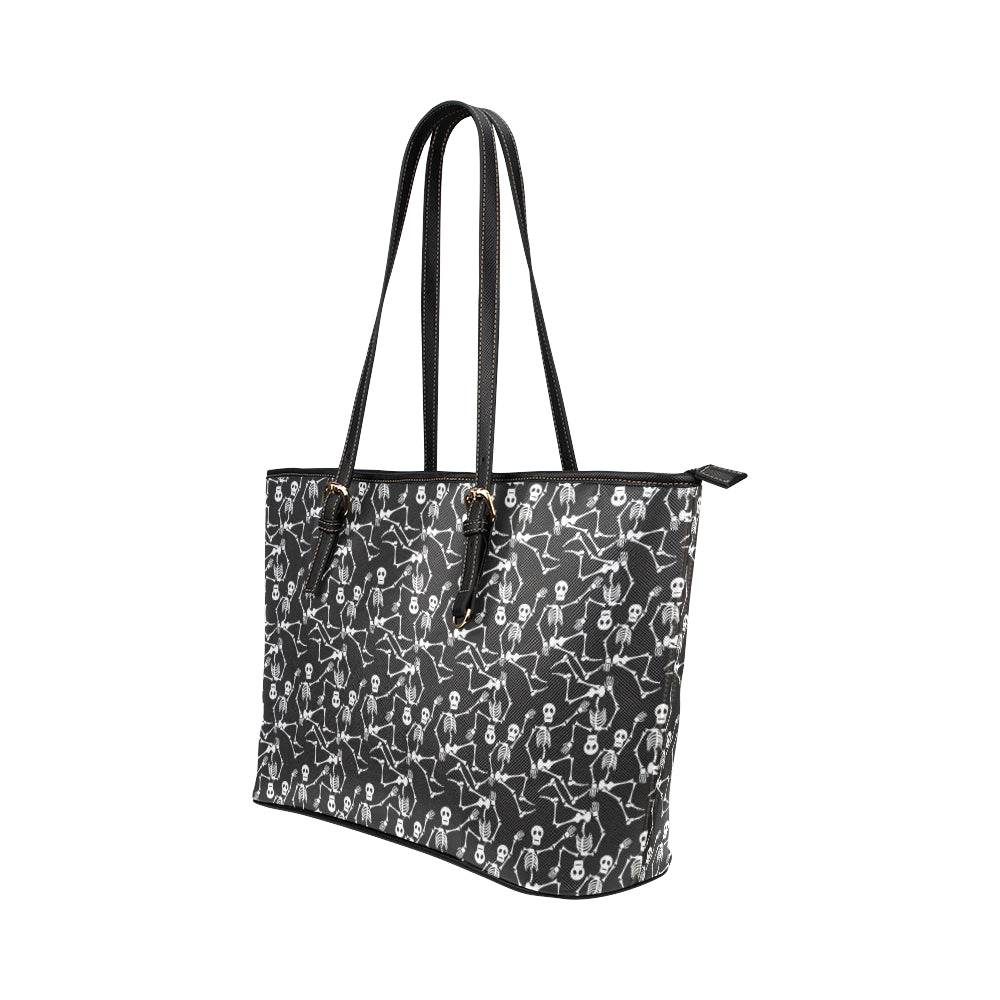 Skeleton Themed Print Leather Tote Bag