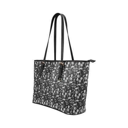 Skeleton Themed Print Leather Tote Bag