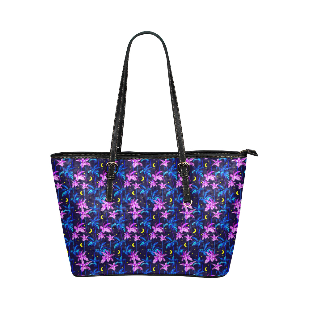 Palm Tree Night Scene Design Print Leather Tote Bag