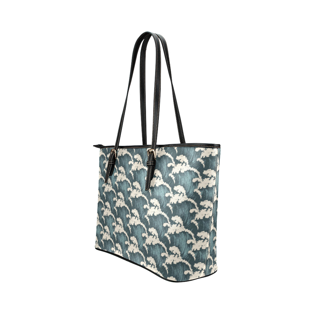 Wave Art Print Leather Tote Bag