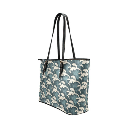 Wave Art Print Leather Tote Bag