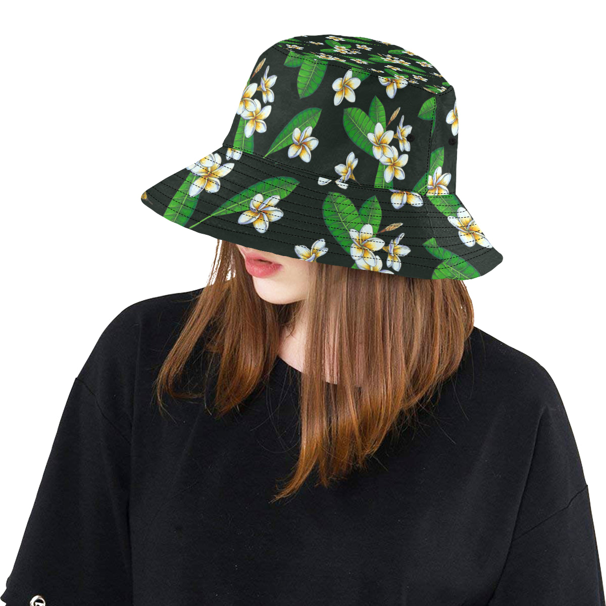 White Plumeria Pattern Print Design PM023 Unisex Bucket Hat