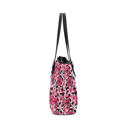 Flower Hawaiian Pink Red  Hibiscus Print Leather Tote Bag
