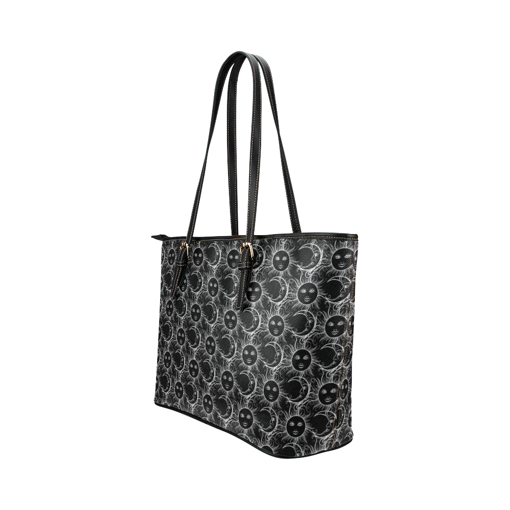 Sun Moon White Design Themed Print Leather Tote Bag