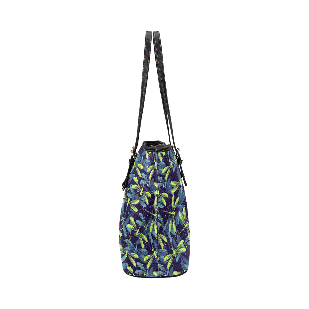 Dragonfly Lime Blue Print Pattern Leather Tote Bag