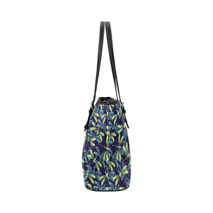 Dragonfly Lime Blue Print Pattern Leather Tote Bag