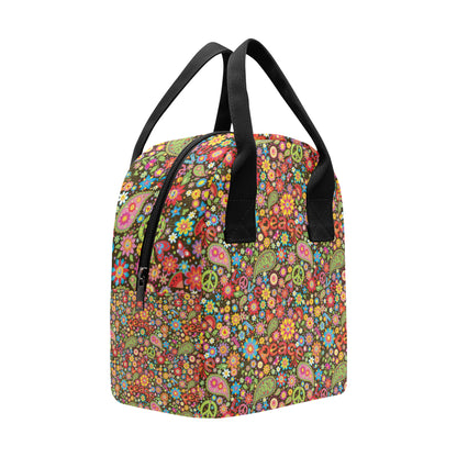 Flower Power Peace Paisley Themed Print Insulated Lunch Bag