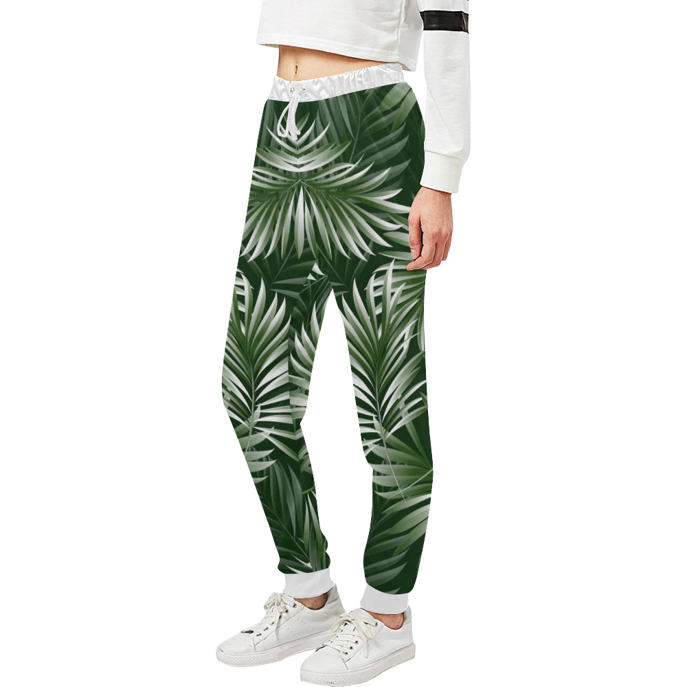 White Green Tropical Palm Leaves Unisex Sweatpants