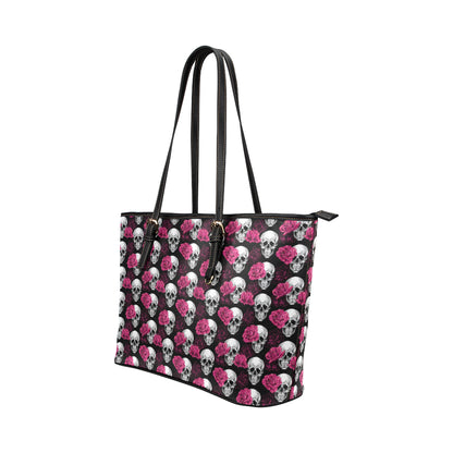 Pink Rose Skull Themed Print Leather Tote Bag