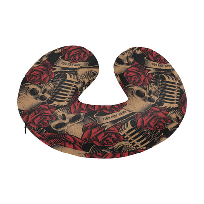 Microphone Skull Rose Pattern Print Design 02 U-Shaped Travel Neck Pillow
