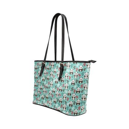 Panda Bear Cute Themed Print Leather Tote Bag