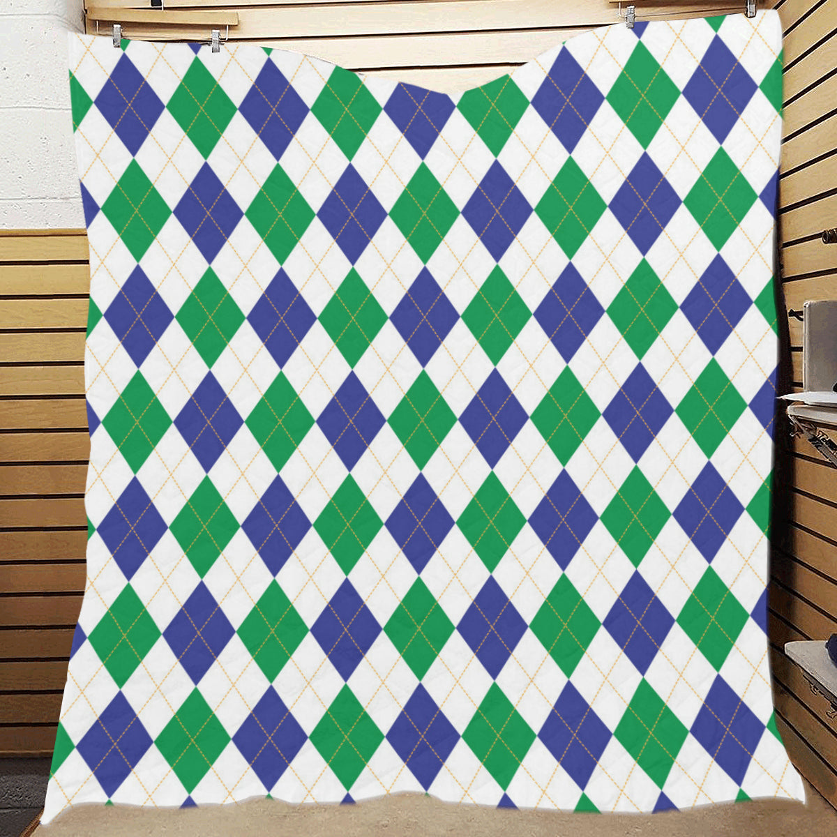 Argyle Green Blue Pattern Print Design 03 Premium Quilt