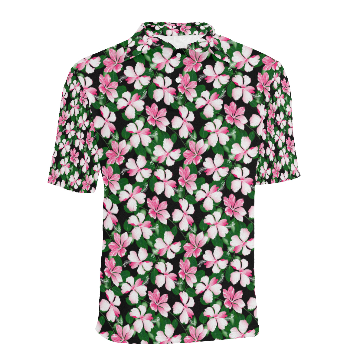 Hibiscus Pink Flower Hawaiian Print Men Polo Shirt