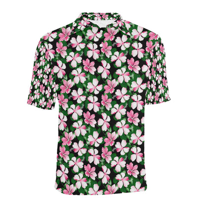Hibiscus Pink Flower Hawaiian Print Men Polo Shirt