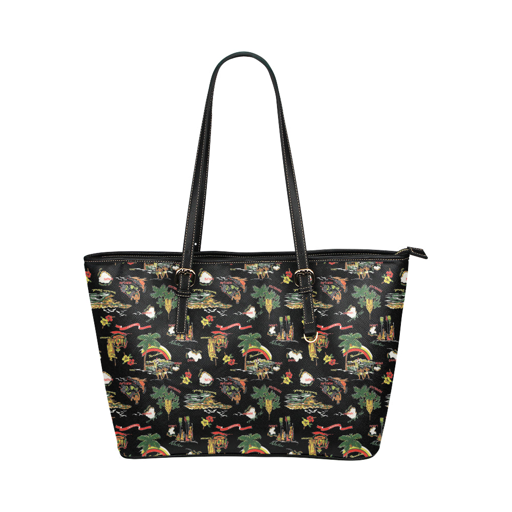 Hawaiian Island Themed Print Leather Tote Bag