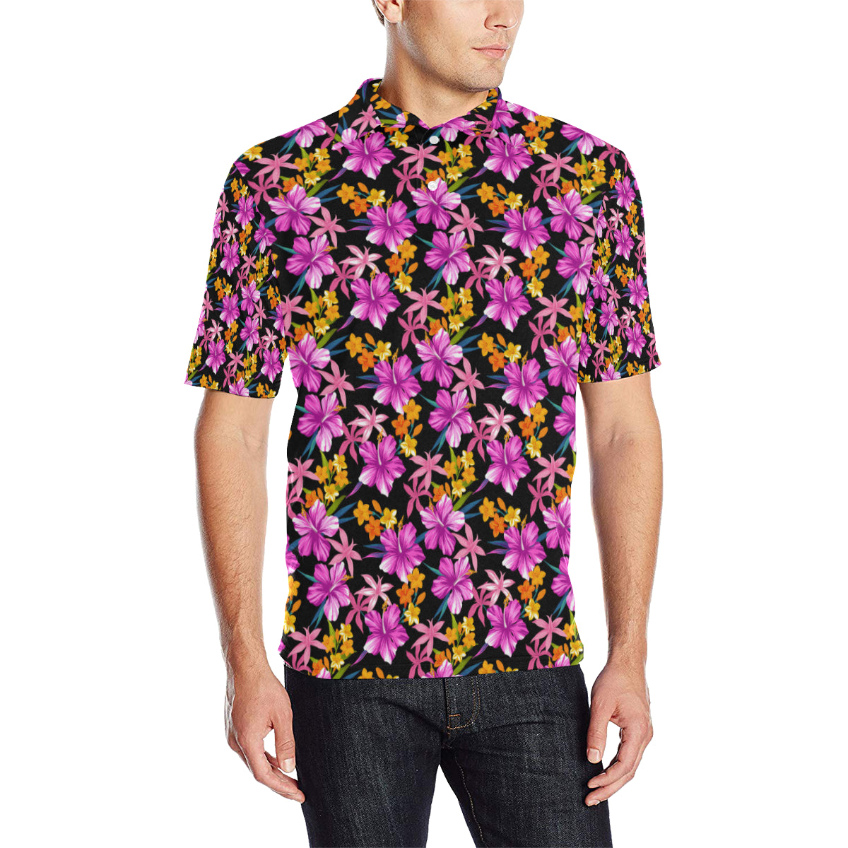 Tropical Folower Pink Hibiscus Print Men Polo Shirt