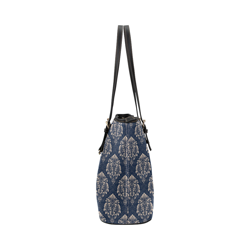 Damask Blue Luxury Print Pattern Leather Tote Bag