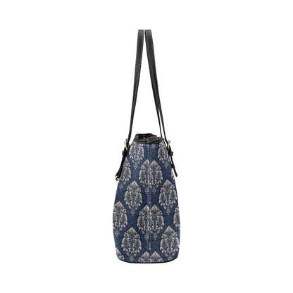 Damask Blue Luxury Print Pattern Leather Tote Bag