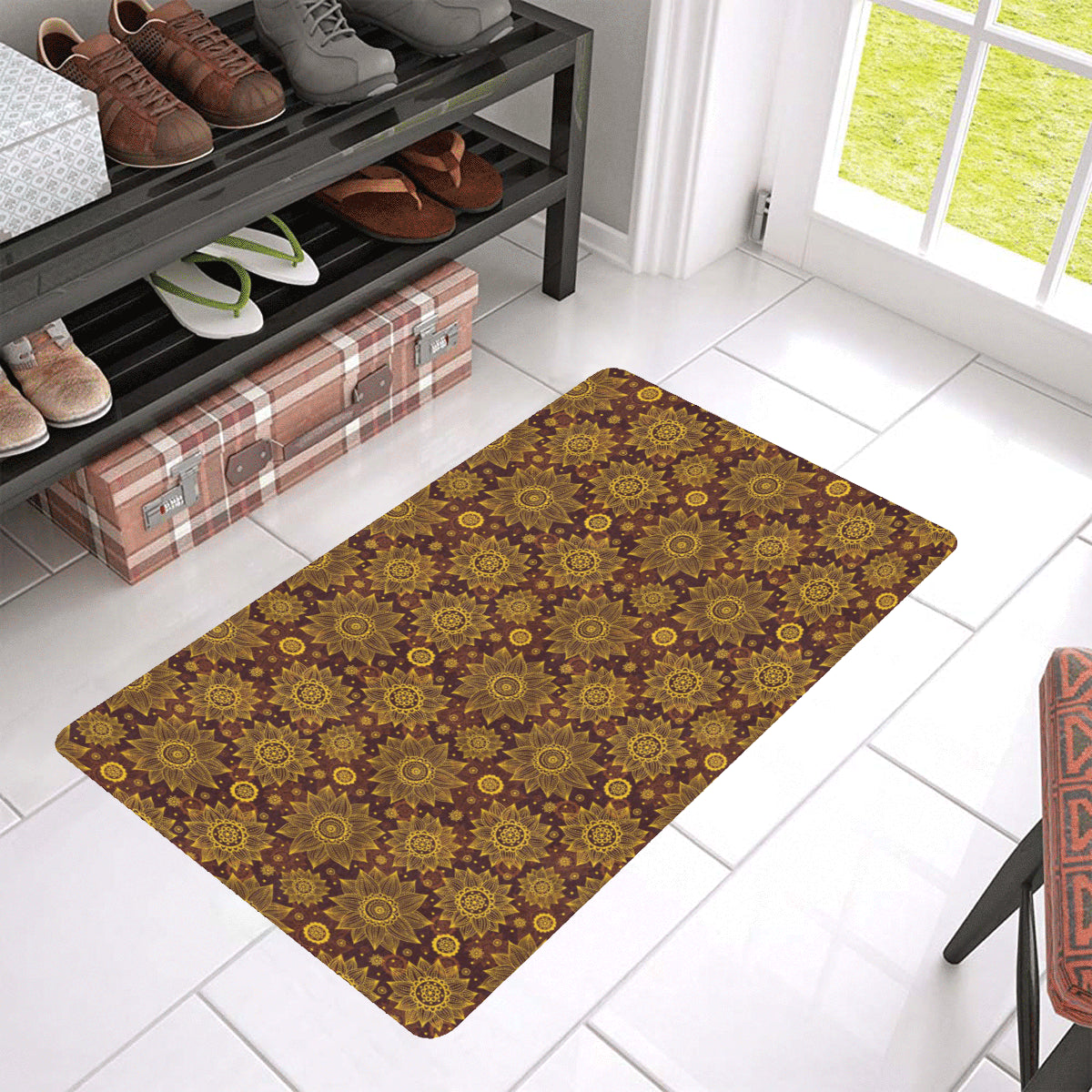 Gold Sunflower Hand Drawn Print Rubber Doormat