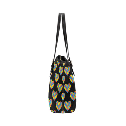 Autism Awareness Heart Design Print Leather Tote Bag