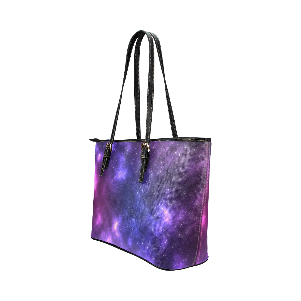Celestial Purple Blue Galaxy Leather Tote Bag