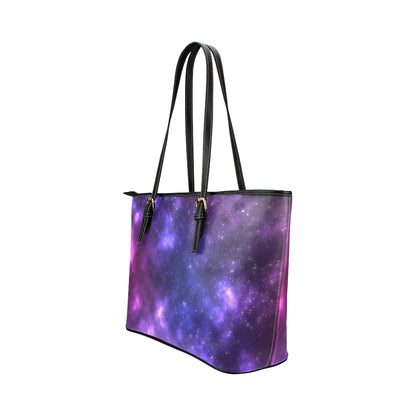 Celestial Purple Blue Galaxy Leather Tote Bag