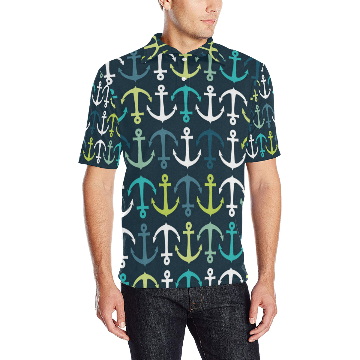 Anchor Pattern Print Design 03 Men Polo Shirt
