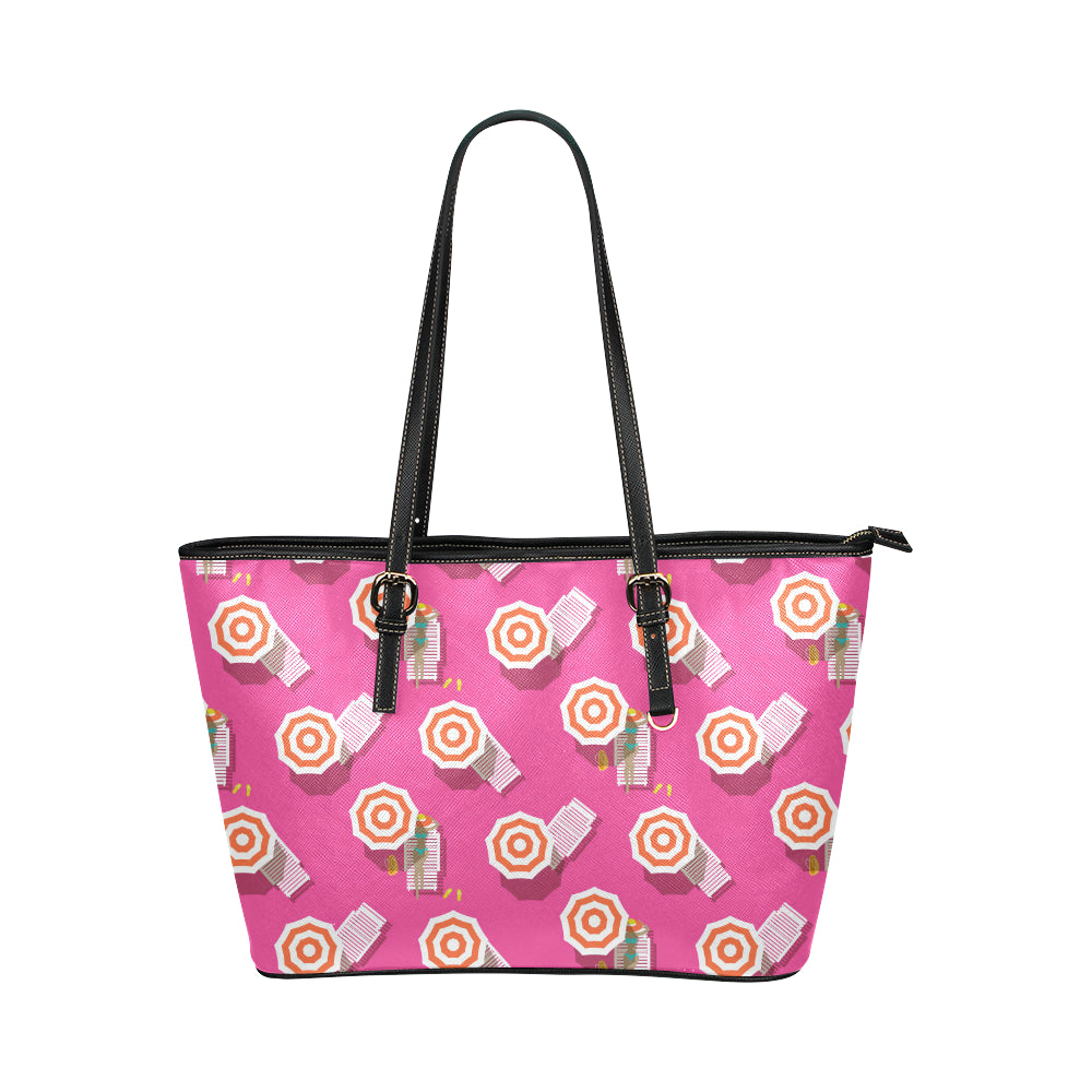 Beach Top View Umbrella Theme Leather Tote Bag