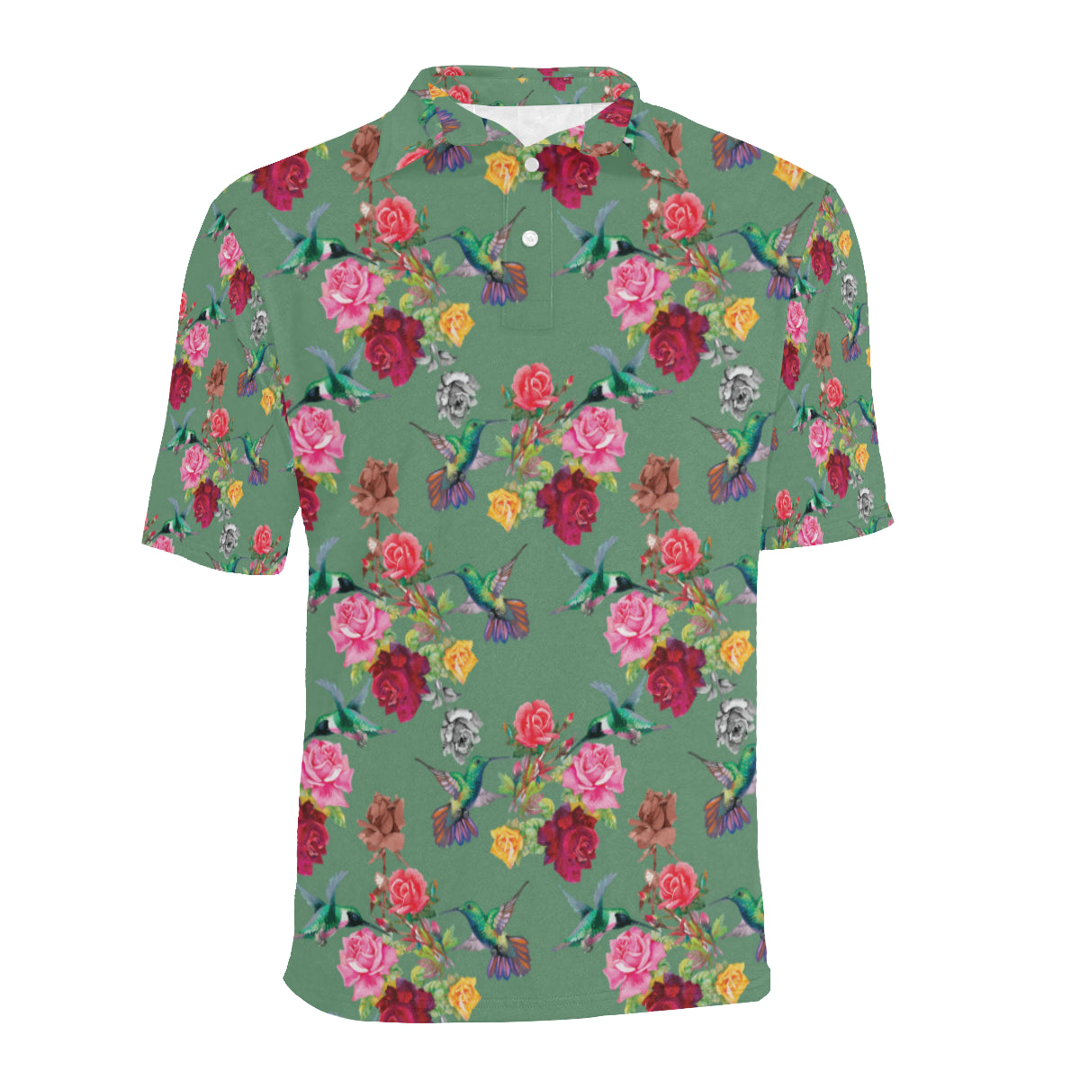 Hummingbird with Rose Themed Print Men Polo Shirt