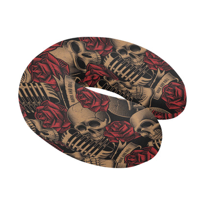 Microphone Skull Rose Pattern Print Design 02 U-Shaped Travel Neck Pillow